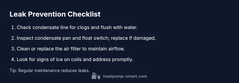 Infographic showing heat pump water leak causes and fixes