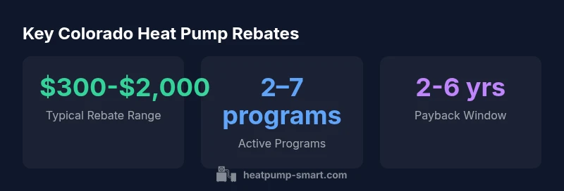 Infographic showing typical rebate range, number of programs, and payback window for Colorado heat pump rebates