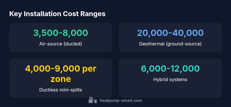 Infographic showing heat pump installation cost ranges by system type