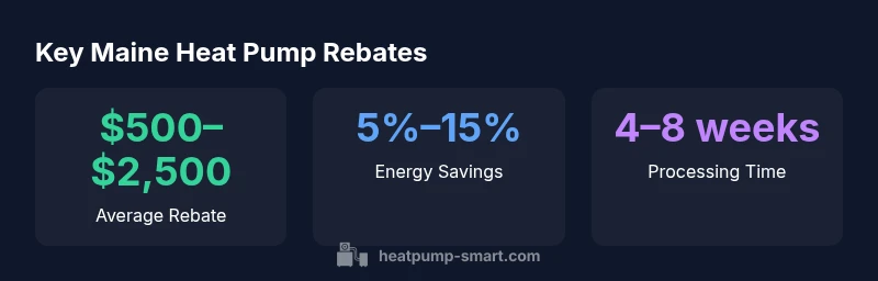 Infographic showing typical Maine heat pump rebate ranges, expected energy savings, and processing time